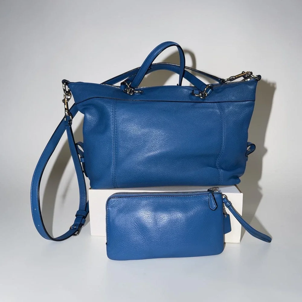 Coach Blue Pebbled Leather Satchel Bag and Matching Wallet Set with Charm